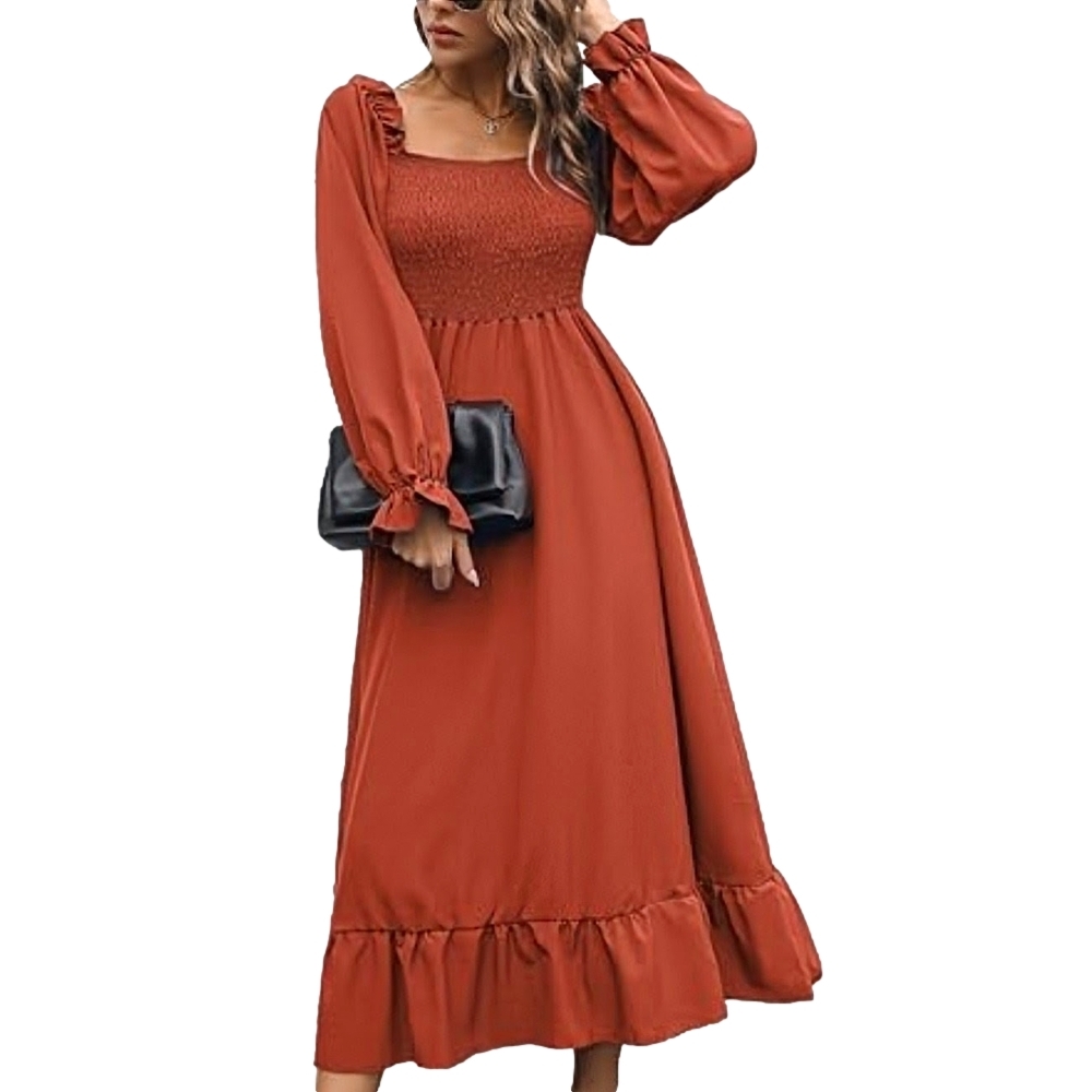 Fall Dress Square Neck Brown Terracotta Sheered Cold Weather Dresses Outfit - Picture 2 of 12